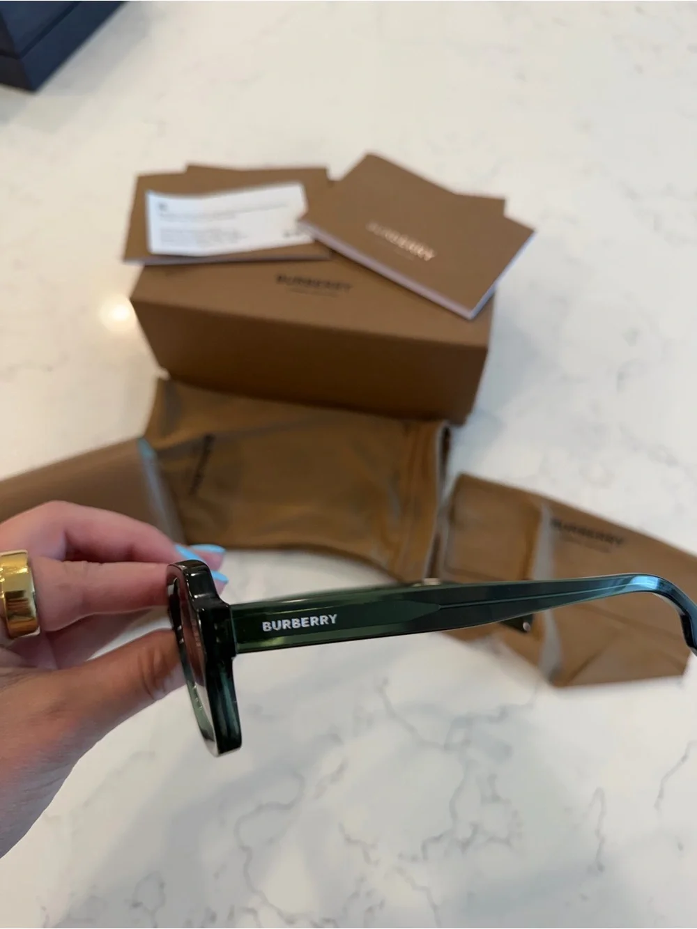 Burberry Green Rectangular Sunglasses with Brown Accessories